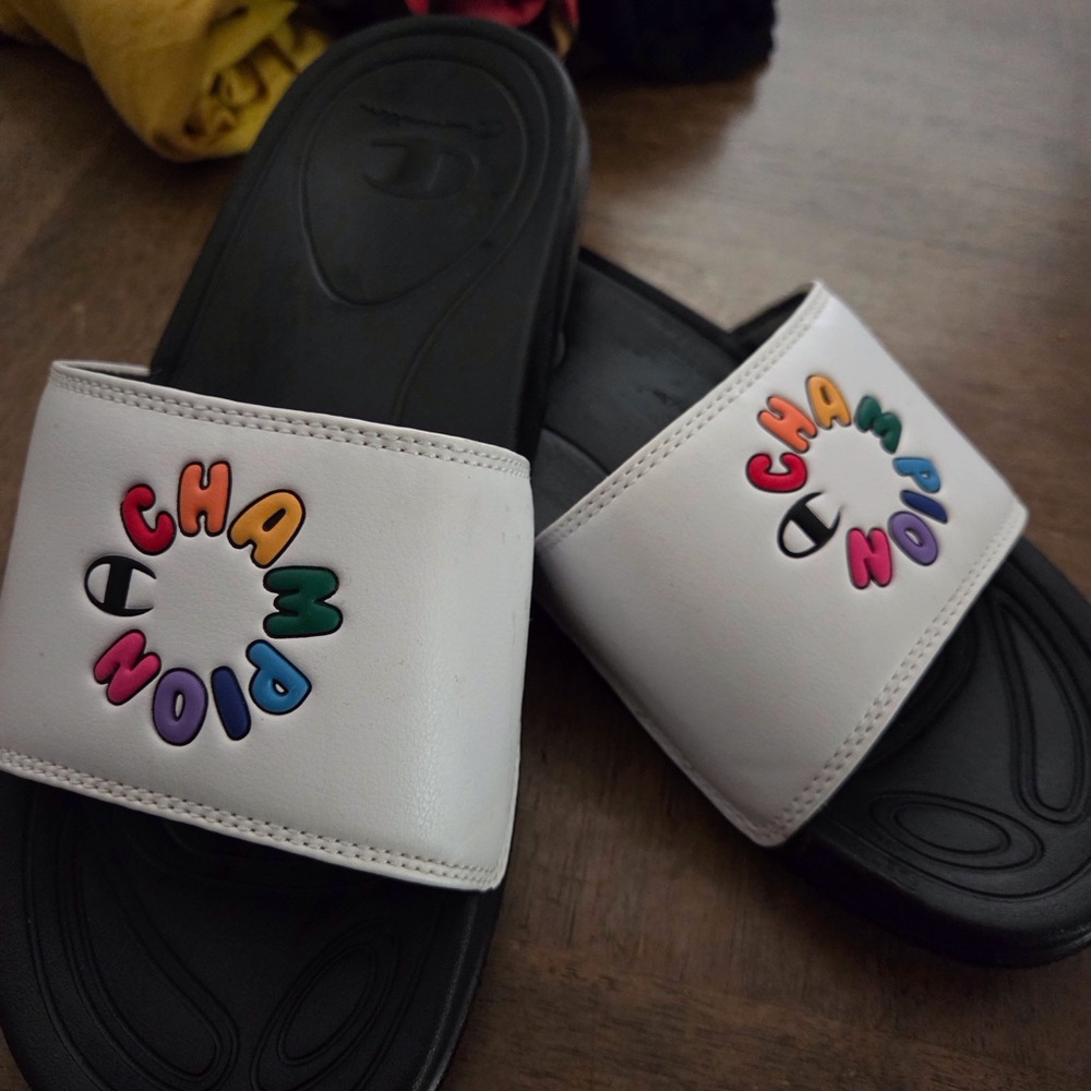 Champion Slide Sandals White & Black with Rainbow Logo